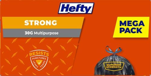 Hefty Strong 30 Gallon Trash Bags, Large Trash Bags 30 Gallon Size, Durable Drawstring Enclosure, Resists Punctures, Leaks, and Tears, Black, Unscented, 56 Bags (Pack of 3)