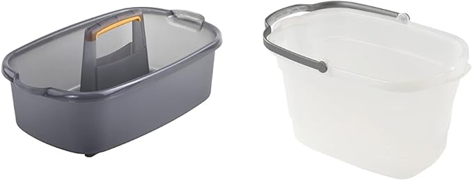 Casabella Plastic Multipurpose Cleaning Storage Caddy with Handle, 1.85 Gallon, Gray and Orange & Plastic Rectangular Cleaning Bucket with Handle, Clear, 4 Gallon