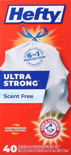 Hefty Ultra Strong 13 Gallon Trash Bags, Tall Kitchen Trash Bags 13 Gallon Size, Drawstring Closure, Continuous Odor Control, White, Unscented, 40 Bags (Pack of 6)