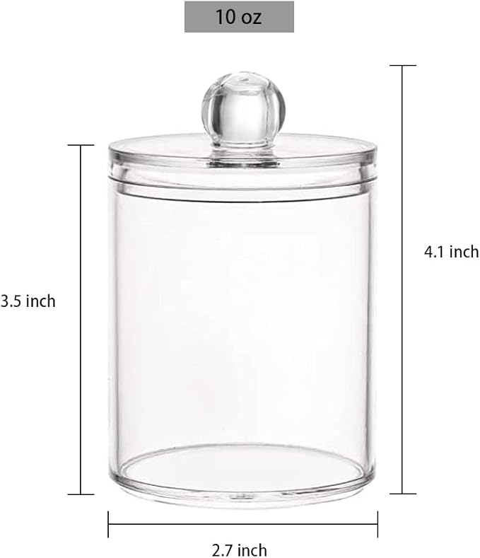 DAPOWER 2 Pack Qtip Holder Storage Canister for Cotton Ball, Cotton Swab, Pads, Floss; 10-Ounce Clear Plastic Apothecary Jar with Lid, Bathroom Makeup Organizer (2)
