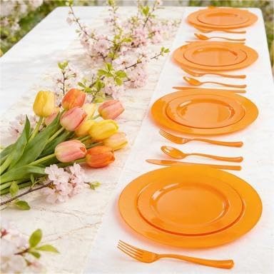 FLOWERCAT 60PCS Orange Plates - Heavy Duty Orange Plastic Plates Disposable for Easter & Spring Party - Serve 30 Guests 10.25inch and 7.5inch