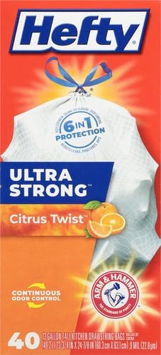 Hefty Ultra Strong Trash Bags 13 Gallon | Tall Kitchen | Drawstring Closure | Odor Control | Citrus Scent | 40 Bags, Pack of 6