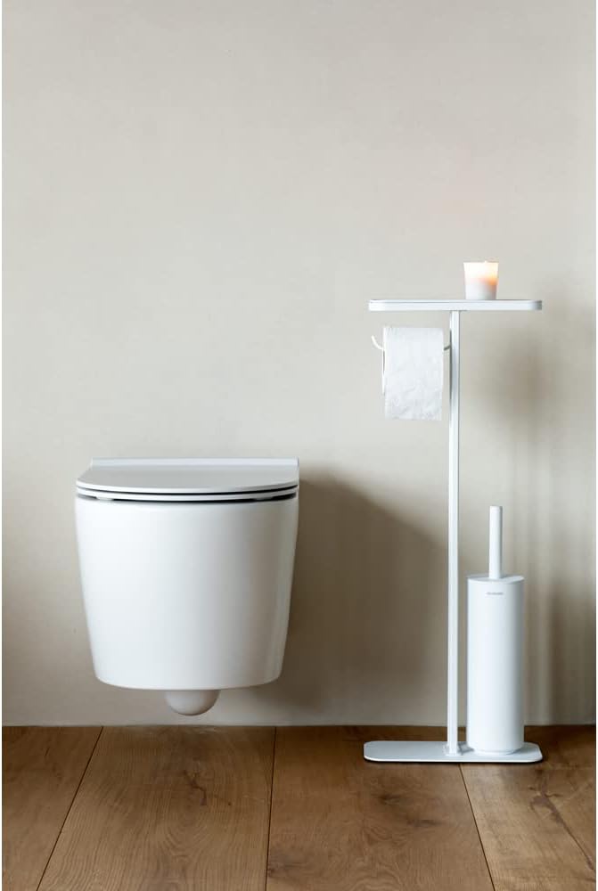 Brabantia Mindset Toilet Butler | Mineral Fresh White | Freestanding All-in-One Bathroom Accessory Set | Toilet Paper Holder Stand, Integrated Shelf & Toilet Brush & Holder | Bathroom Phone Holder