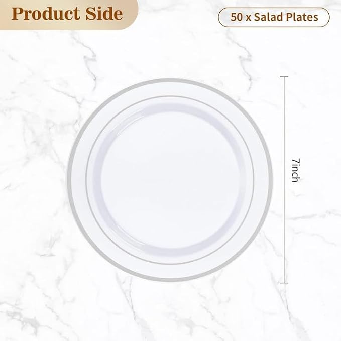 BESTVIP 50PCS 7 Inch Silver Plastic Plates, Disposable Salad Dessert Plate with Silver Rim, Heavy Duty Disposable Plastic Plates for Parties, Wedding and Birthday, Events