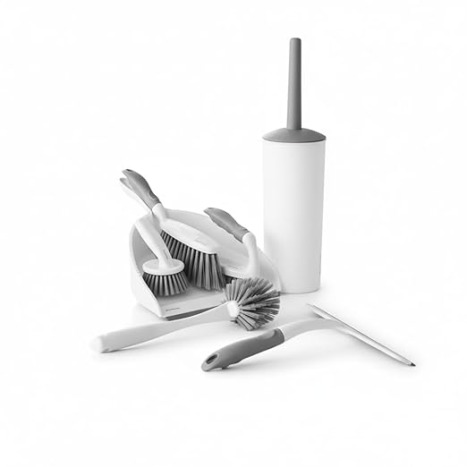 OVENTE Multipurpose Household Cleaning Kit, Deep Cleaning Brush Set with Wiper & Dustpan, Ergonomic Handle & Stiff Bristles, Ideal for Cleaning Kitchen, Bathroom, Dishes, Tiles & Sink, White CTB018WGY