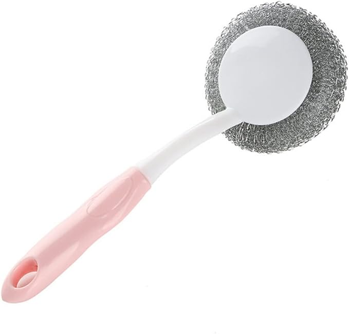 Dishwashing Brush with Handle Wire Ball Scrubber Non-Slip Grip for Cleaning Pots Pans Glasses Kitchen Tools Pink 9.84X3.54X0.39In