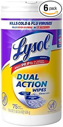 Lysol Dual Action Disinfectant Wipes, Multi-Surface Antibacterial Scrubbing Wipes, For Disinfecting and Cleaning, Citrus Scent, 75ct (Pack of 6)