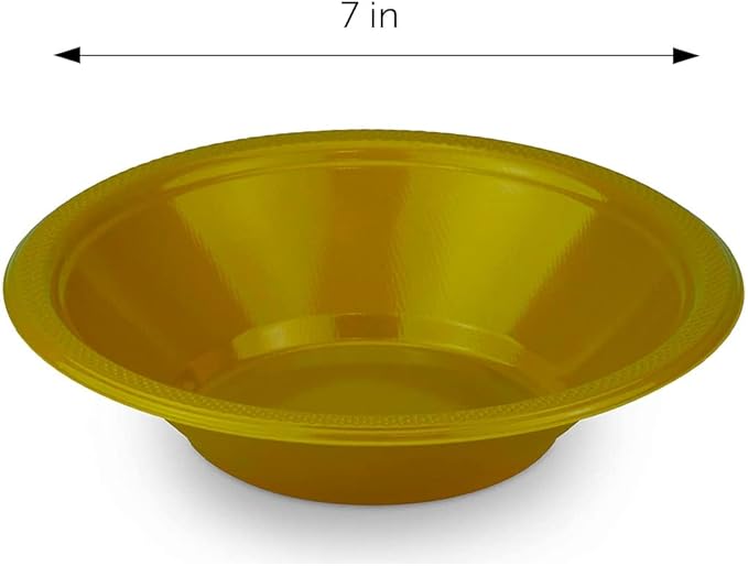 DecorRack 24 Small Plastic Bowls, 7 inch Disposable 12 oz Serving Bowl, Fruit Snack, Popcorn, Soup, and Salad, Kids Birthday and Holiday Party Supplies, Gold (Pack of 24)