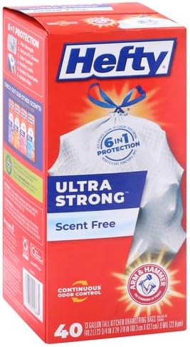 Hefty Ultra Strong 13 Gallon Trash Bags, Tall Kitchen Trash Bags 13 Gallon Size, Drawstring Closure, Continuous Odor Control, White, Unscented, 40 Bags (Pack of 6)