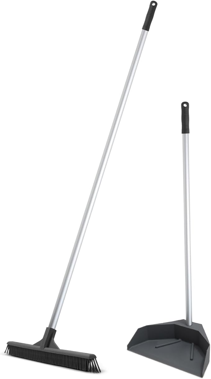 Superio Silicone Dust Pan with 35" Aluminum Long Handle & 16 Pet Hair Remover Silicone Broom - Lobby Dustpan Stand-Up & Carpet Rake Set for Hardwood, Tile, and Rugs - Gray