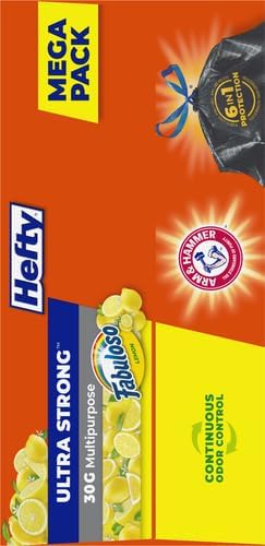 Hefty Ultra Strong 30 Gallon Trash Bags, Large Size, Multipurpose, Break Resistant Drawstring Closure, Resists Leaks, Punctures, and Tears, Black, Fabuloso Lemon Scent, 50 Bags (Pack of 3)