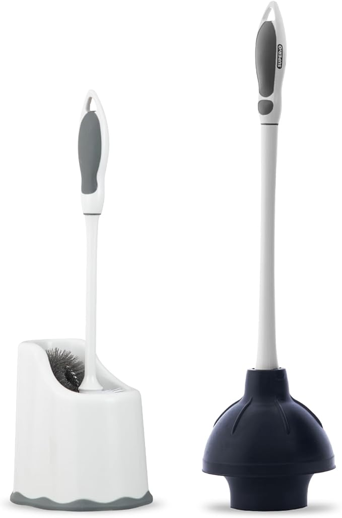 Superio Sink & Toilet Plunger with Toilet Bowl Brush and Holder Set - Dual-Purpose Drain Plunger with Mold-Resistant Rubber Head & Ergonomic Grip