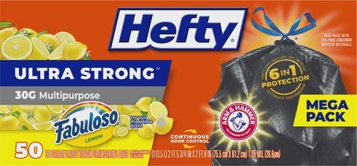 Hefty Ultra Strong 30 Gallon Trash Bags, Large Size, Multipurpose, Break Resistant Drawstring Closure, Resists Leaks, Punctures, and Tears, Black, Fabuloso Lemon Scent, 50 Bags (Pack of 3)