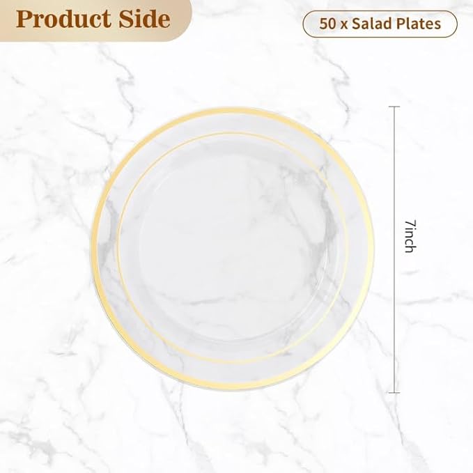 BESTVIP 50PCS 7" Clear Gold Plastic Plates, Small Disposable Salad Dessert Plate with Gold Rim, Heavy Duty Disposable Plastic Plates for Party, Wedding and Birthday, Events