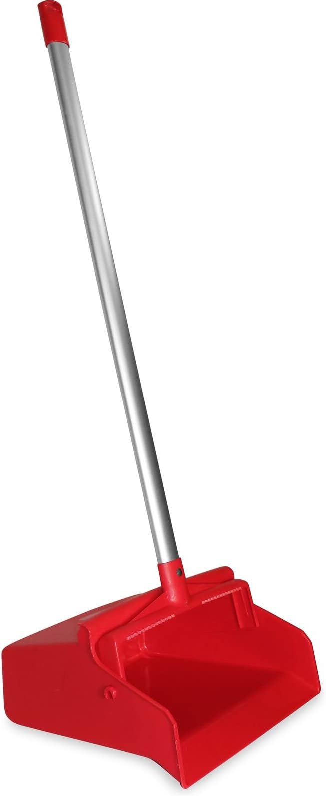 SPARTA Upright Dustpan with Aluminum Handle, Serrated Edge for Broom Combing, Secure Yoke Lock with Easy Storage Hanging Hole for Commercial Cleaning, Plastic, 30 Inches, Red