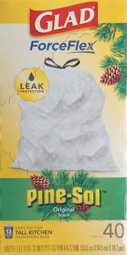 Glad ForceFlex Tall Kitchen Drawstring Trash Bags, 13 Gal, Pine-Sol Original, 40 Count (Pack of 2)