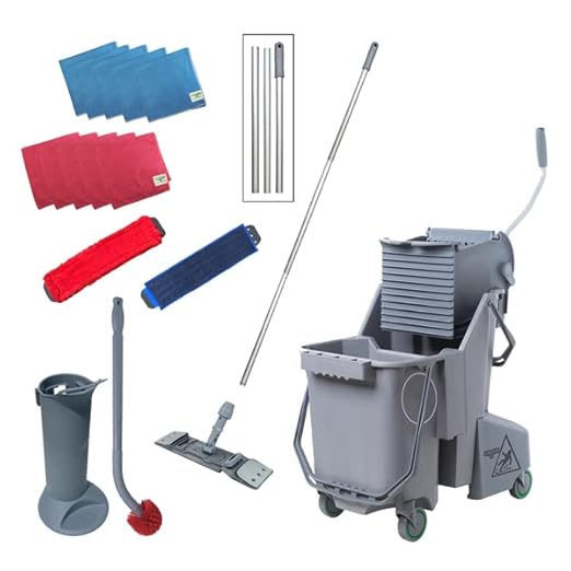 Unger Commercial SmartColor Floor Cleaning Kit - 32qt Dual Bucket System, Telescopic Microfiber Mop, Pads, Cloths plus Toilet Brush and Holder Set - Janitorial Cleaning & Floor Care - FMK01