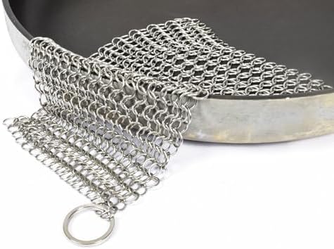 316 Stainless Steel Cast Iron Scrubber - 8 x 8 Inches Cleaner Chainmail Dish Scouring Pad for Dishwasher Cleaning - Chainmail Scrubber for cast Iron Pans - Dutch Ovens Grills