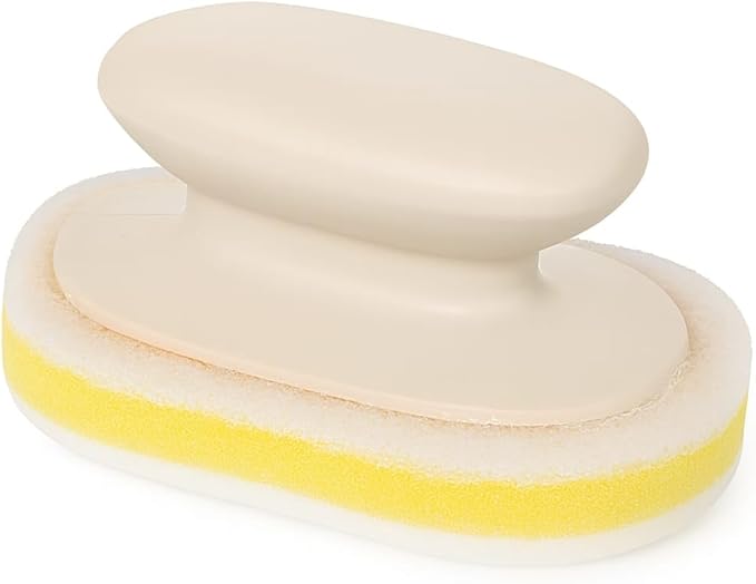 Sponge Cleaning Countertop Brush with Handle, Multifunctional Kitchen and Bathroom Cleaning Brush, Scouring Pad, Non-Scratch Scrubbing Pad,Dishwashing (White)