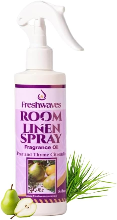 Freshwaves Room & Linen Spray | Pear & Thyme Citronella Fragrance Oil | 8.8oz Air Freshener | Odor Eliminator | Room Spray for Living Room | Bedroom | Restroom & Office | White Trigger Bottle