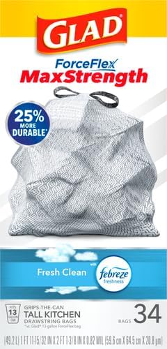 Glad Kitchen Trash Bags, 13 Gallon, Fresh Clean | ForceFlex MaxStrength | Tall Kitchen | 34 Count, Pack of 6