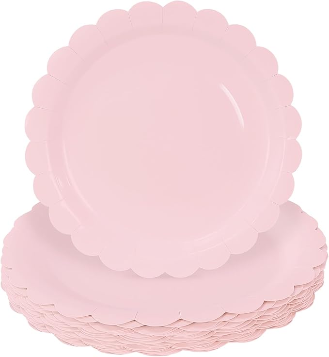 HEIPINIUYE 25 Pieces Light Pink Paper Plates 9 Inch Pink Scalloped Plates Disposable Dinner Plate for Wedding Baby Shower Birthday Party Dessert Plate
