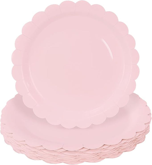HEIPINIUYE 25 Pieces Light Pink Paper Plates 9 Inch Pink Scalloped Plates Disposable Dinner Plate for Wedding Baby Shower Birthday Party Dessert Plate