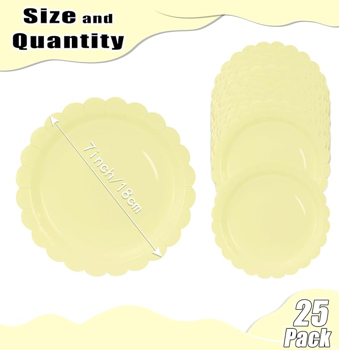 HEIPINIUYE 25 Pieces Yellow Paper Plates 7 Inch Yellow Scalloped Plates Disposable Dinner Plate for Wedding Baby Shower Birthday Party Dessert Plate
