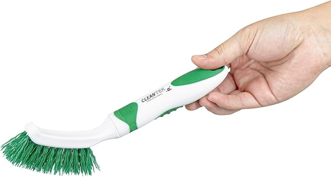 Restaurantware Grout Brush 1 Pack of 9 Tile Scrubbing Brush Stiff Bristle Ergonomic Handle Angled Head Narrow Design Green and White Plastic Cleaning Tool