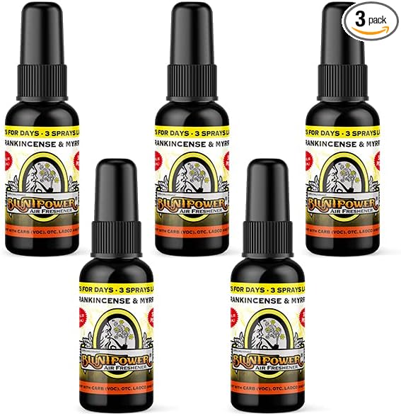 BluntPower (Frankincense and Myrrh, 5 Pack) Concentrated Air Freshener - Premium Oil Based Air Freshener Spray For Home and Car - Long-Lasting Bathroom Spray, Car Freshener, & Odor Eliminator Spray