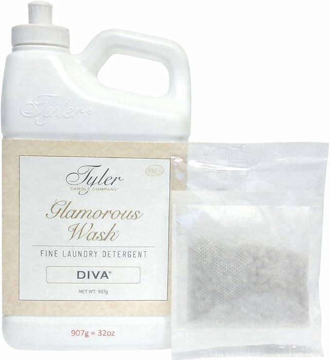 Tyler Candle Company Glam Wash Laundry Detergent, Diva, Liquid, 32 Fl Oz,HE Safe w/Dryer Sachet Pouch, Pull and Pour Spill Proof Cap ill
