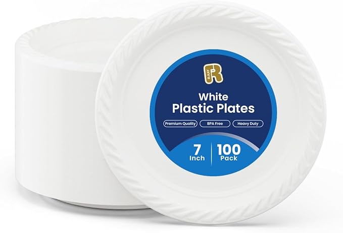 R-kay 100 Pack 7 Inch Plastic Plates Disposable - Heavy Duty White Disposable Plates - Microwavable Disposable Plastic Plates (100, 7 Inch)