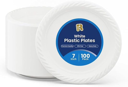 R-kay 100 Pack 7 Inch Plastic Plates Disposable - Heavy Duty White Disposable Plates - Microwavable Disposable Plastic Plates (100, 7 Inch)