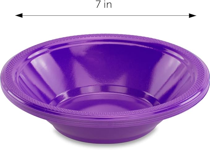 DecorRack 24 Small Plastic Bowls, 7 inch Disposable 12 oz Serving Bowl, Fruit Snack, Popcorn, Soup, and Salad, Kids Birthday and Holiday Party Supplies, Purple (Pack of 24)