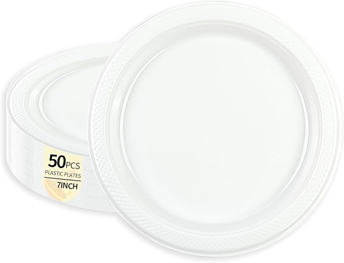 50PCS White Plastic Plates, 7 Inch Disposable Dessert Plates Cake Plates for Picnic Birthday Wedding Party Supplies (White, 7 Inch)