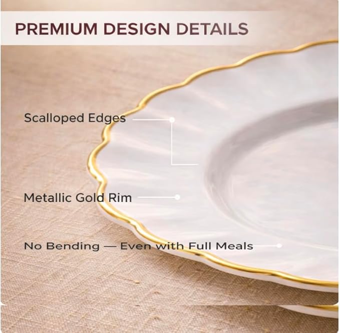 By Madee HEAVYWEIGHT 100 Pc Scalloped Ivory Gold Plastic Plates for Party | 50 Dinner & 50 Dessert Plates Disposable Heavy Duty | Elegant & Fancy for Wedding, Baby Shower, Bridal Shower 50 Guests