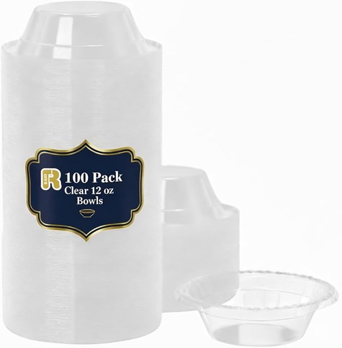 R-kay 100 Count 12 Oz Clear Plastic Bowls - Microwavable Clear Bowls - Strong Heavy Duty And Sturdy Clear Disposable Plastic Bowls.