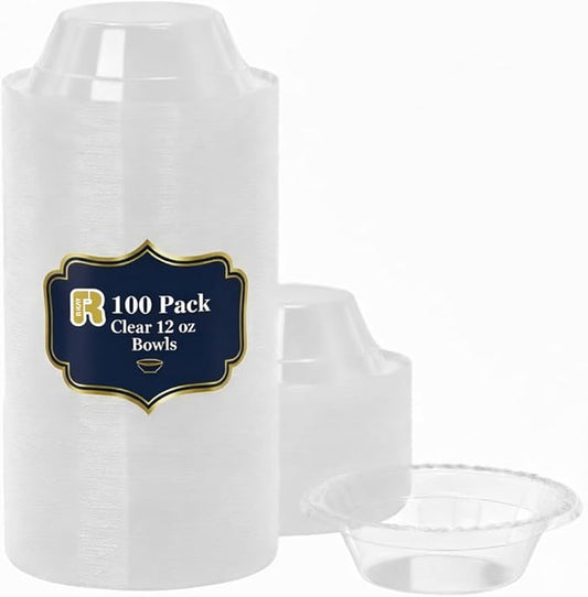 R-kay 100 Count 12 Oz Clear Plastic Bowls - Microwavable Clear Bowls - Strong Heavy Duty And Sturdy Clear Disposable Plastic Bowls.