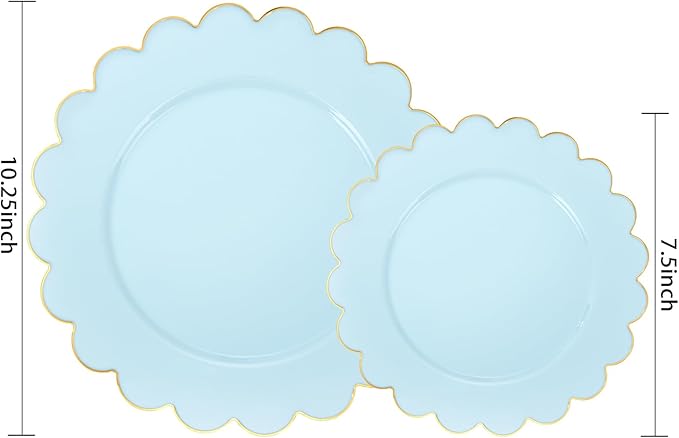 LIYH 60 Pcs Baby Blue Plastic Plates with Gold Edge - Disposable Light Blue Plastic Plates Includes 30 Dinner Plate 10.25" and 30 Dessert Plate 7.5" for Party Birthday Wedding