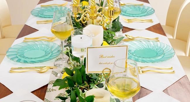 YOUBET 125PCS Clear Green Plastic Plates with Gold Rim - Green and Gold Plastic Plates Include 25 Dinner Plate 25 Dessert Plate 75 Disposable Silverwares for Wedding & Party