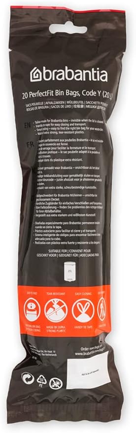 Brabantia PerfectFit Trash Bags (Size Y/5.3 Gal) Thick Plastic Trash Can Liners with Drawstring Handles (120 Bags)