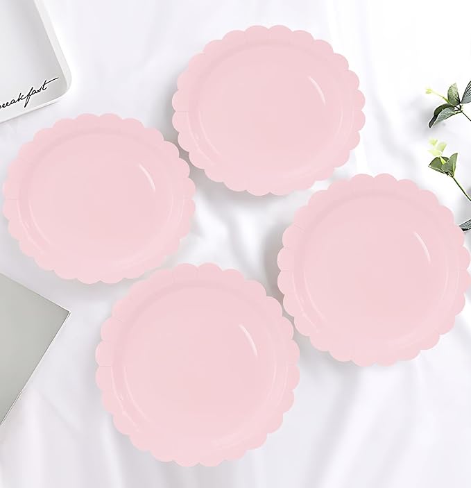 HEIPINIUYE 25 Pieces Light Pink Paper Plates 9 Inch Pink Scalloped Plates Disposable Dinner Plate for Wedding Baby Shower Birthday Party Dessert Plate