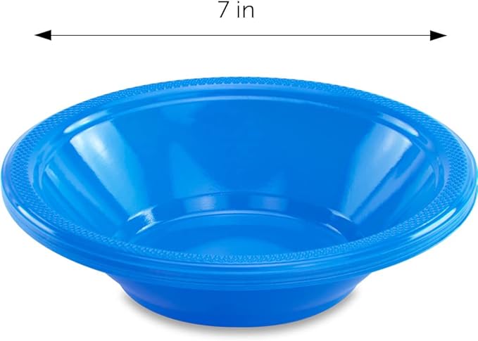 DecorRack 24 Small Plastic Bowls, 7 inch Disposable 12 oz Serving Bowl, Fruit Snack, Popcorn, Soup, and Salad, Kids Birthday and Holiday Party Supplies, Blue (Pack of 24)