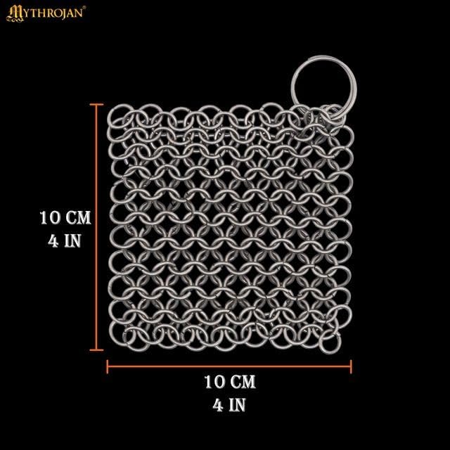 Mythrojan Cast Iron Scrubber 316 Stainless Steel Skillet Cleaner 3.9"x3.9" Chainmail Scrubber Chain Mail Scrub with Hanging Ring for Cast Iron Pre-Seasoned Pans, BBQ Grills Cookware Utensils Cleaning