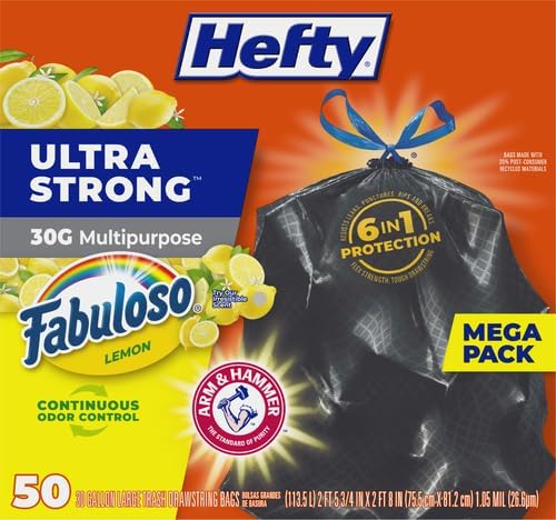Hefty Ultra Strong 30 Gallon Trash Bags, Large Size, Multipurpose, Break Resistant Drawstring Closure, Resists Leaks, Punctures, and Tears, Black, Fabuloso Lemon Scent, 50 Bags (Pack of 3)