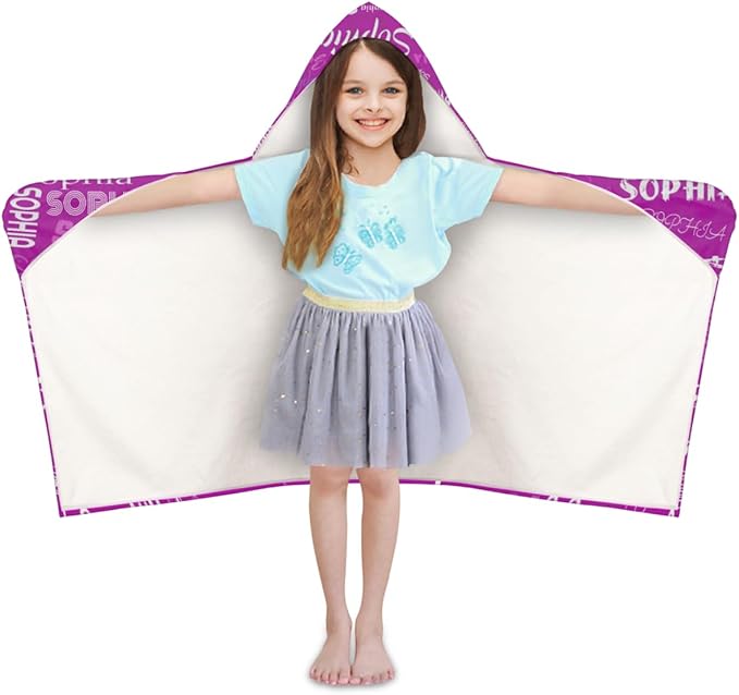 Custom Kids Hooded Bath Towel with Name, Personalized Name Hooded Towel for Boys Girls, Customized Beach Towel Gift for Children, 24" x 50", Solid Purple Pink Color