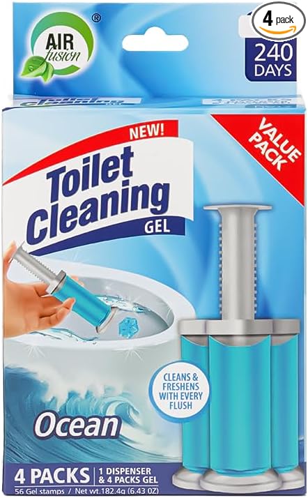 Toilet Cleaning Gel Ocean Scent. Pack of 4 (6.43oz) with 56 Gel Stamps for Continuous Toilet Cleaning, Deodorizing & Fruity Freshness.