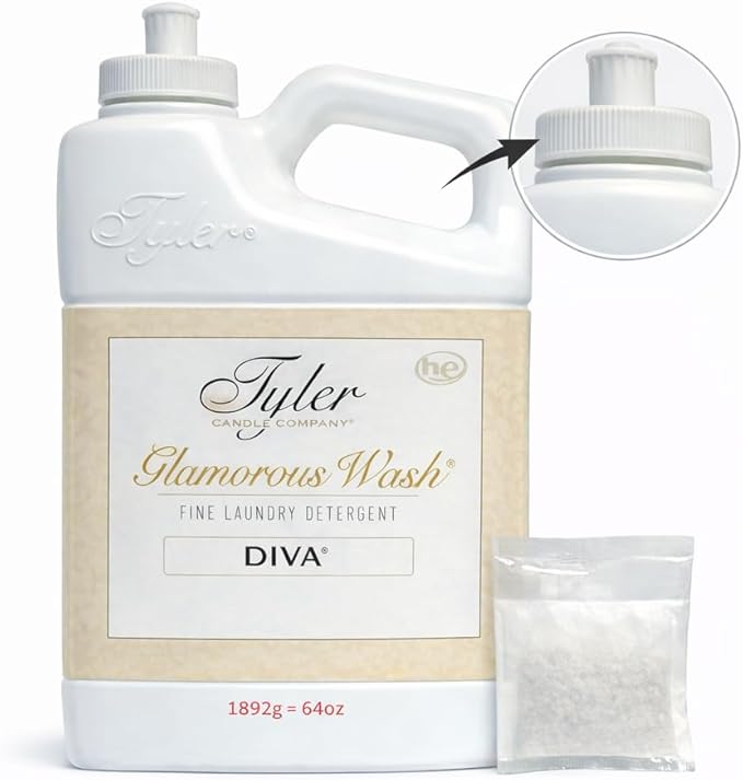 Tyler Candle wash Laundry Detergent, Diva, Liquid, 64 Fl Oz HE Safe w/Dryer Sachet Pouch, Pull and Pour Spill Proof Cap oh