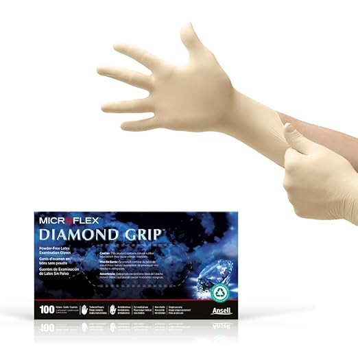 Ansell MICROFLEX Diamond Grip MF-300 Disposable Latex Gloves for Automotive, Healthcare, Machinery Industries - XL, Natural (Box of 100)