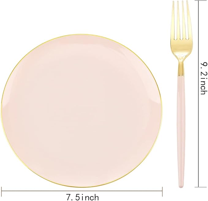 LIYH 96 Pcs Pink and Gold Disposable Plastic Dessert Plates and Forks Set - 7.5" Plastic Appetizer Plates & 9" Gold Cake Forks for Tea Parties, Birthdays, Baby Shower 48 Guests